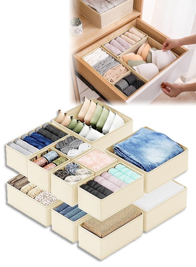 DUNISO منظمات تخزين الملابس، 12 مجموعة من منظم أدراج الملابس الداخلية القابل للطي ومقسمات الخزانة، صندوق تخزين للملابس والجوارب والملابس الداخلية (بيج) - Image 1